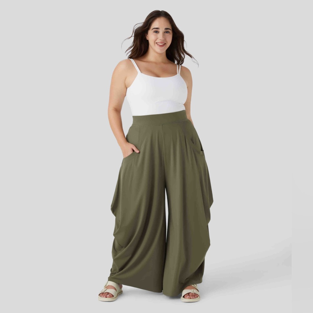 ✨ Halara Mid Rise Multiple Pockets Draped Wide Leg Casual Pants Green Plus 3X ✨